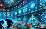 A behind-the-scenes look at an online casino’s control room, where analysts monitor player behavior on giant digital screens. A cyber-looking casino operator is seen pressing buttons that activate promotions and track players' time spent gambling.