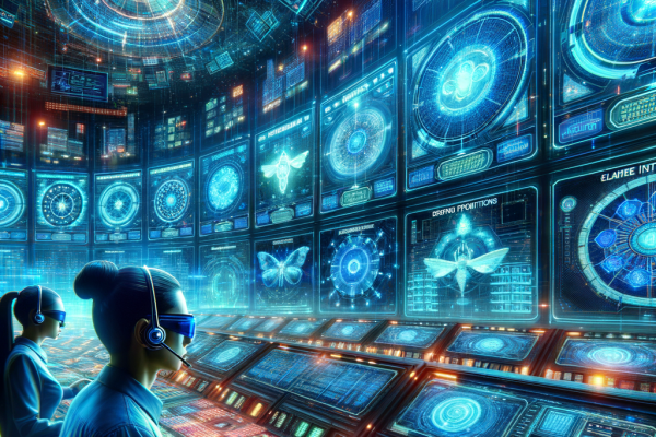 A behind-the-scenes look at an online casino’s control room, where analysts monitor player behavior on giant digital screens. A cyber-looking casino operator is seen pressing buttons that activate promotions and track players' time spent gambling.