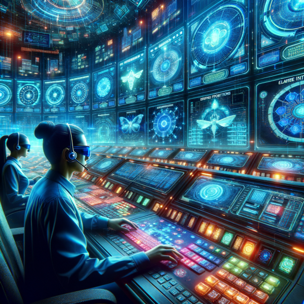 A behind-the-scenes look at an online casino’s control room, where analysts monitor player behavior on giant digital screens. A cyber-looking casino operator is seen pressing buttons that activate promotions and track players' time spent gambling.