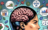 A brain-themed comic illustration where a smart gambler is training their brain like a weightlifter. Floating around them are casino strategy symbols like odds charts, risk assessment meters, and responsible gambling icons.