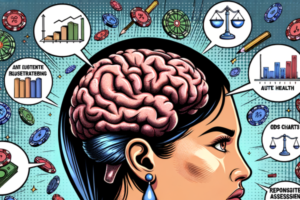 A brain-themed comic illustration where a smart gambler is training their brain like a weightlifter. Floating around them are casino strategy symbols like odds charts, risk assessment meters, and responsible gambling icons.