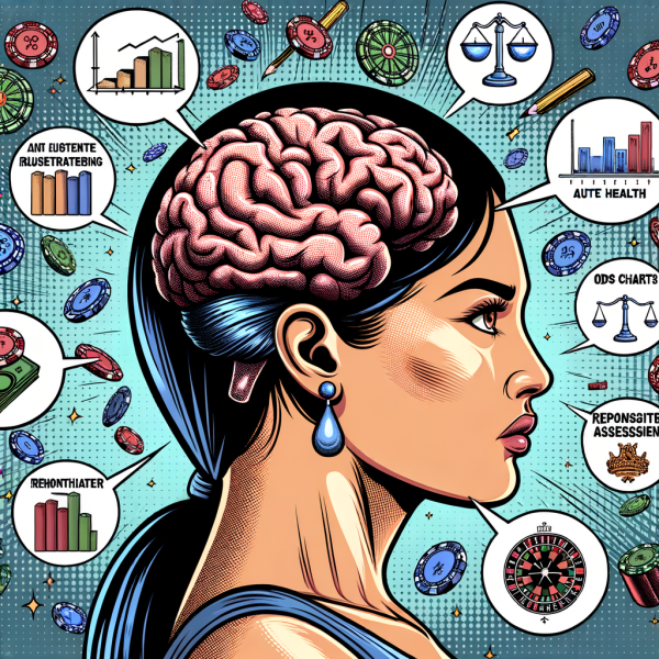 A brain-themed comic illustration where a smart gambler is training their brain like a weightlifter. Floating around them are casino strategy symbols like odds charts, risk assessment meters, and responsible gambling icons.