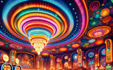 A bright and colorful casino filled with mesmerizing lights, neon signs, and welcoming slot machines. The colors gradually shift from warm (inviting) tones to cold, illustrating how casinos manipulate mood through design.