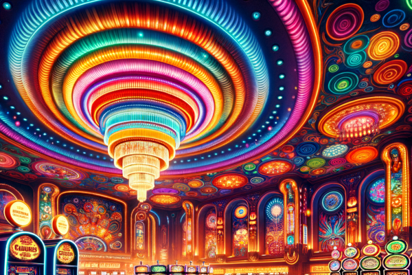 A bright and colorful casino filled with mesmerizing lights, neon signs, and welcoming slot machines. The colors gradually shift from warm (inviting) tones to cold, illustrating how casinos manipulate mood through design.