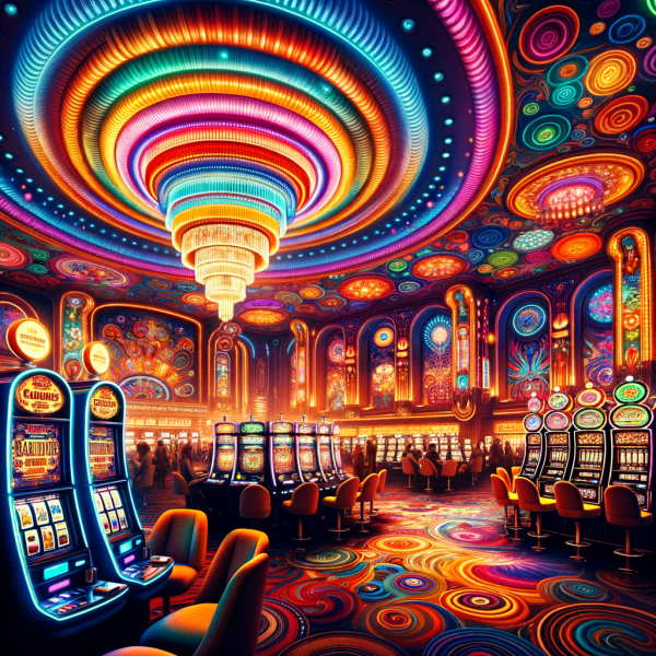 A bright and colorful casino filled with mesmerizing lights, neon signs, and welcoming slot machines. The colors gradually shift from warm (inviting) tones to cold, illustrating how casinos manipulate mood through design.
