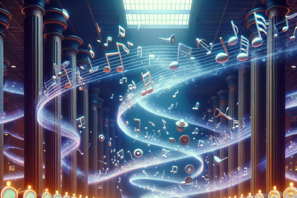 A casino floor filled with speakers playing hypnotic music notes floating in the air. Gamblers are shown moving rhythmically, subconsciously influenced by the music as slot machines flash ‘BIG WIN’ signs.