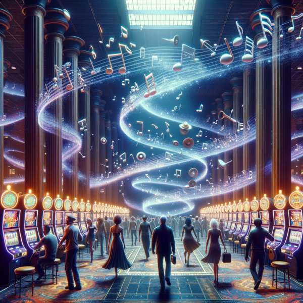 A casino floor filled with speakers playing hypnotic music notes floating in the air. Gamblers are shown moving rhythmically, subconsciously influenced by the music as slot machines flash ‘BIG WIN’ signs.