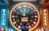 A clock with different casino games at each hour. A gambler debates when to play, while ‘lucky hours’ glow in neon lights around them.