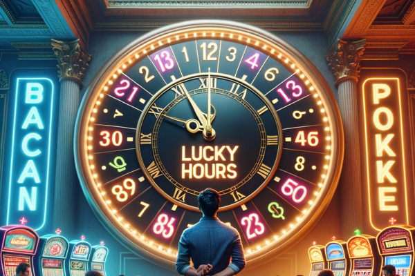 A clock with different casino games at each hour. A gambler debates when to play, while ‘lucky hours’ glow in neon lights around them.