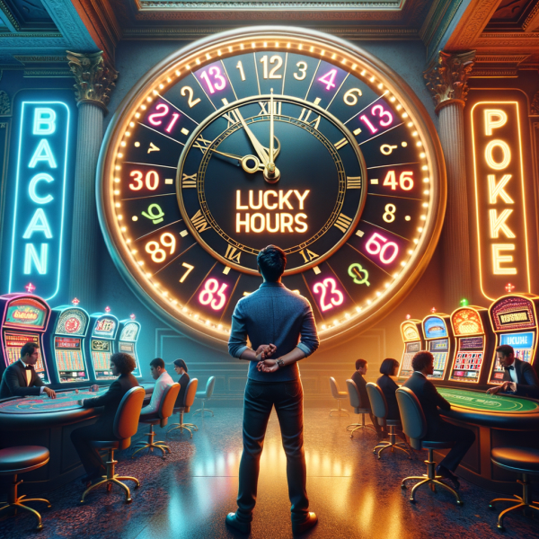 A clock with different casino games at each hour. A gambler debates when to play, while ‘lucky hours’ glow in neon lights around them.