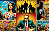 A colorful comic-style collage featuring famous casino movie moments: James Bond at the poker table, the Ocean’s Eleven heist, and a high-stakes blackjack game.