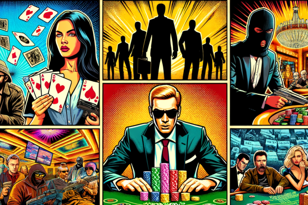 A colorful comic-style collage featuring famous casino movie moments: James Bond at the poker table, the Ocean’s Eleven heist, and a high-stakes blackjack game.