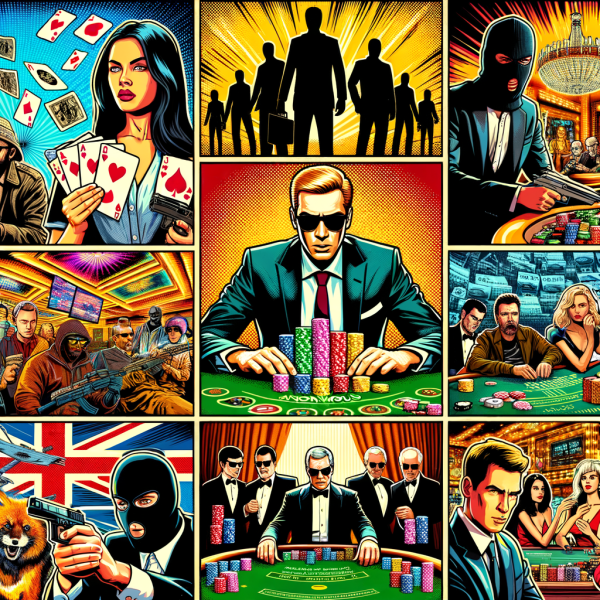 A colorful comic-style collage featuring famous casino movie moments: James Bond at the poker table, the Ocean’s Eleven heist, and a high-stakes blackjack game.