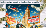 A comic scene of a chaotic casino where a high-roller gets caught cheating, security guards rushing in, and money flying everywhere. Headlines about famous casino scandals appear in the background.