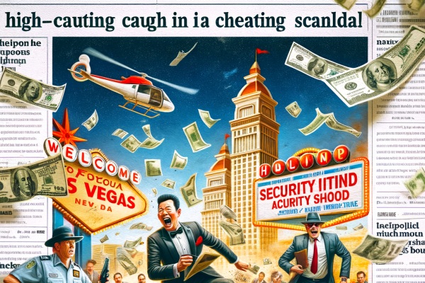 A comic scene of a chaotic casino where a high-roller gets caught cheating, security guards rushing in, and money flying everywhere. Headlines about famous casino scandals appear in the background.