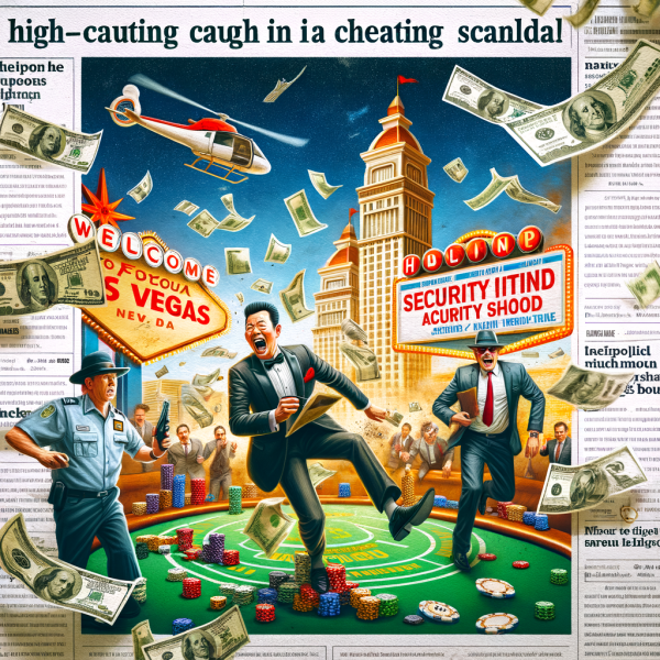 A comic scene of a chaotic casino where a high-roller gets caught cheating, security guards rushing in, and money flying everywhere. Headlines about famous casino scandals appear in the background.