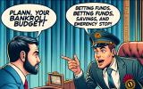 A comic-style financial planner dressed as a casino pit boss helps a player create a bankroll budget. Money is separated into labeled stacks: ‘Betting Funds,’ ‘Savings,’ and ‘Emergency Stop.