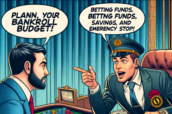 A comic-style financial planner dressed as a casino pit boss helps a player create a bankroll budget. Money is separated into labeled stacks: ‘Betting Funds,’ ‘Savings,’ and ‘Emergency Stop.