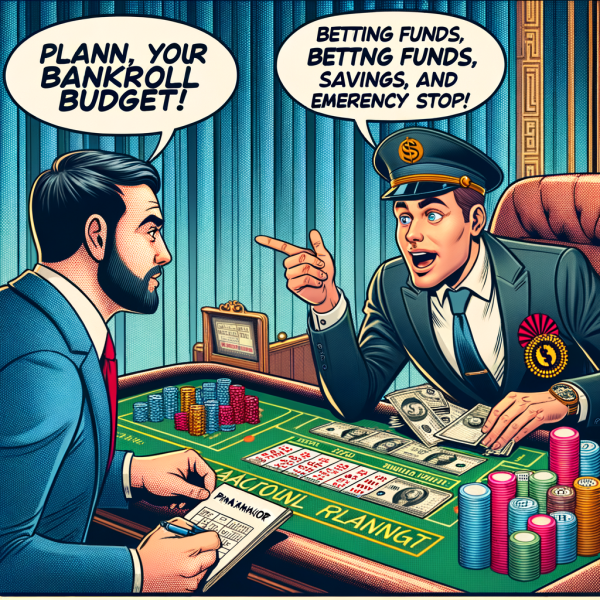 A comic-style financial planner dressed as a casino pit boss helps a player create a bankroll budget. Money is separated into labeled stacks: ‘Betting Funds,’ ‘Savings,’ and ‘Emergency Stop.