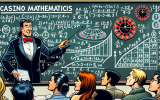 A comic-style professor dressed as a croupier explains casino math on a chalkboard, drawing probability formulas for blackjack, roulette, and slot machines. Players watch, trying to understand their odds.