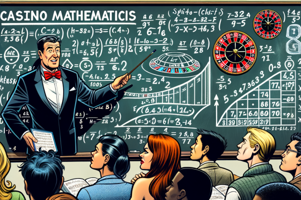 A comic-style professor dressed as a croupier explains casino math on a chalkboard, drawing probability formulas for blackjack, roulette, and slot machines. Players watch, trying to understand their odds.