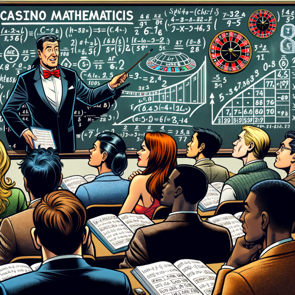 A comic-style professor dressed as a croupier explains casino math on a chalkboard, drawing probability formulas for blackjack, roulette, and slot machines. Players watch, trying to understand their odds.