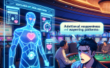 A cyberpunk anime-style casino where a digital AI assistant tracks a player's emotional reactions and betting patterns through floating holographic charts. The player looks surprised as they realize the casino ‘knows’ their habits.