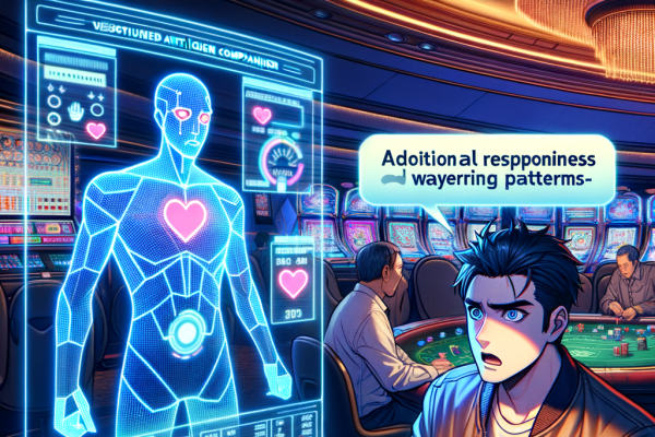 A cyberpunk anime-style casino where a digital AI assistant tracks a player's emotional reactions and betting patterns through floating holographic charts. The player looks surprised as they realize the casino ‘knows’ their habits.