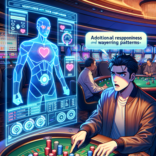 A cyberpunk anime-style casino where a digital AI assistant tracks a player's emotional reactions and betting patterns through floating holographic charts. The player looks surprised as they realize the casino ‘knows’ their habits.