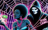 A dramatic, noir-style comic illustration of a gambler trapped in a digital web of online casino addiction. A dark figure labeled ‘Scam Casino’ lurks behind them, pulling invisible strings.