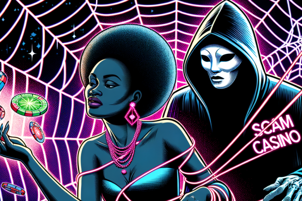 A dramatic, noir-style comic illustration of a gambler trapped in a digital web of online casino addiction. A dark figure labeled ‘Scam Casino’ lurks behind them, pulling invisible strings.