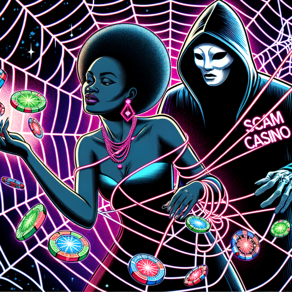 A dramatic, noir-style comic illustration of a gambler trapped in a digital web of online casino addiction. A dark figure labeled ‘Scam Casino’ lurks behind them, pulling invisible strings.