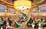 A fantasy anime-style casino where gamblers keep winning endlessly, and casino executives panic as stacks of cash disappear. The scene is exaggerated for comedic effect, with an ‘ERROR’ message flashing on casino screens.
