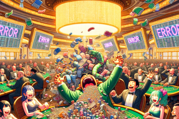 A fantasy anime-style casino where gamblers keep winning endlessly, and casino executives panic as stacks of cash disappear. The scene is exaggerated for comedic effect, with an ‘ERROR’ message flashing on casino screens.
