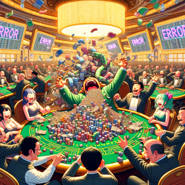 A fantasy anime-style casino where gamblers keep winning endlessly, and casino executives panic as stacks of cash disappear. The scene is exaggerated for comedic effect, with an ‘ERROR’ message flashing on casino screens.