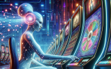 A futuristic AI-powered casino where an advanced robotic system tracks player habits on holographic screens. A gambler is playing slots while the AI predicts their next move using data points floating around their head.