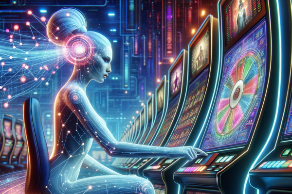 A futuristic AI-powered casino where an advanced robotic system tracks player habits on holographic screens. A gambler is playing slots while the AI predicts their next move using data points floating around their head.