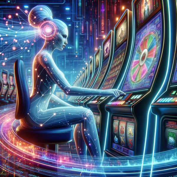 A futuristic AI-powered casino where an advanced robotic system tracks player habits on holographic screens. A gambler is playing slots while the AI predicts their next move using data points floating around their head.