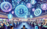 A futuristic casino where Bitcoin and Ethereum symbols float above gaming tables. A digital gambler plays with crypto chips instead of cash.
