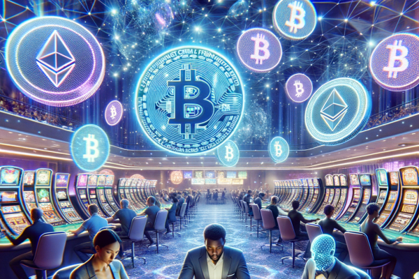 A futuristic casino where Bitcoin and Ethereum symbols float above gaming tables. A digital gambler plays with crypto chips instead of cash.