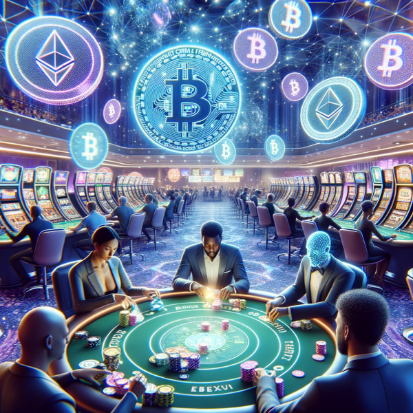 A futuristic casino where Bitcoin and Ethereum symbols float above gaming tables. A digital gambler plays with crypto chips instead of cash.