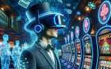 A futuristic player wearing a VR headset, immersed in a digital casino filled with holographic slot machines and virtual dealers.
