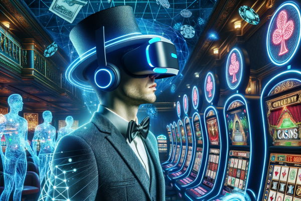 A futuristic player wearing a VR headset, immersed in a digital casino filled with holographic slot machines and virtual dealers.