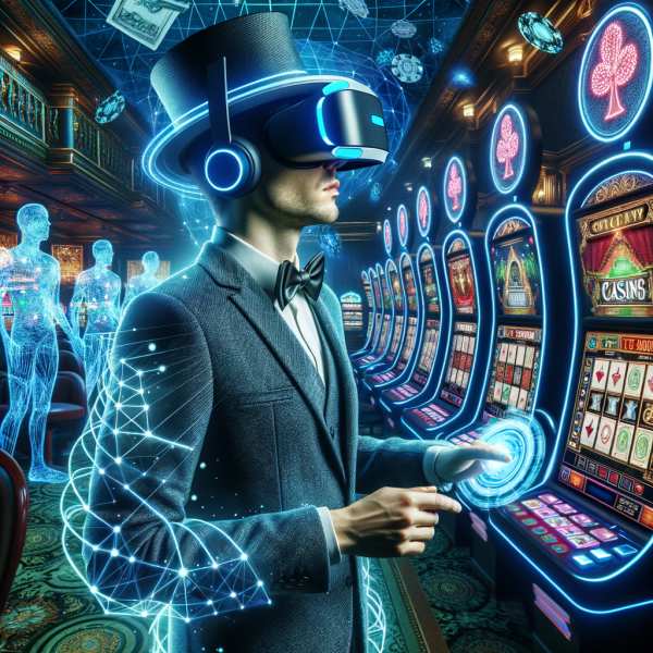 A futuristic player wearing a VR headset, immersed in a digital casino filled with holographic slot machines and virtual dealers.