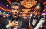 A gambler accidentally places a million-dollar bet, gasping in shock as the dealer prepares to reveal the outcome.