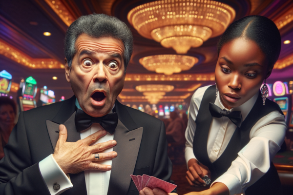 A gambler accidentally places a million-dollar bet, gasping in shock as the dealer prepares to reveal the outcome.