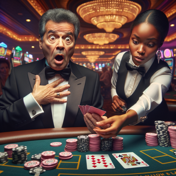 A gambler accidentally places a million-dollar bet, gasping in shock as the dealer prepares to reveal the outcome.