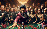 A gambler bets everything on a single spin of a giant roulette wheel, while the crowd gasps. The dealer dramatically spins the wheel as millions of dollars are at stake.