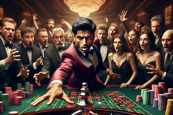 A gambler bets everything on a single spin of a giant roulette wheel, while the crowd gasps. The dealer dramatically spins the wheel as millions of dollars are at stake.