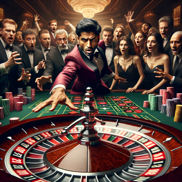 A gambler bets everything on a single spin of a giant roulette wheel, while the crowd gasps. The dealer dramatically spins the wheel as millions of dollars are at stake.